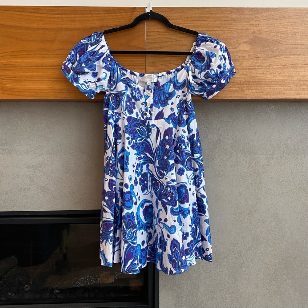 CAROLINE CONSTAS BARDOT MINI DRESS IN BLUE GARDEN TOILE, SIZE M